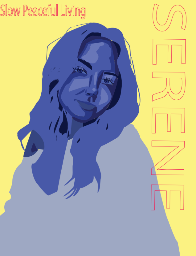 Vector self-portrait in blue on yellow titled Serene