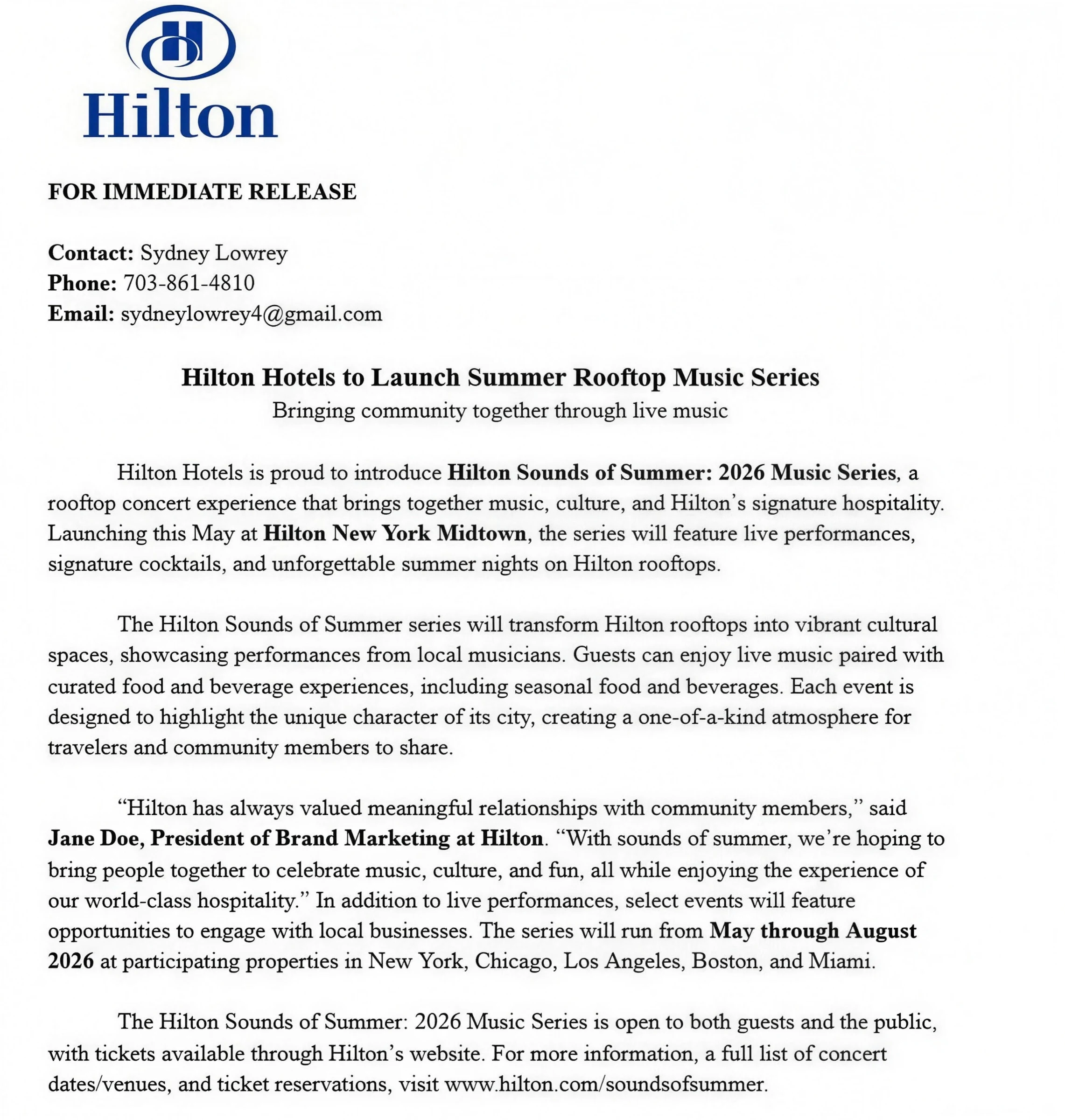 Mock Hilton press release for a summer rooftop music series
