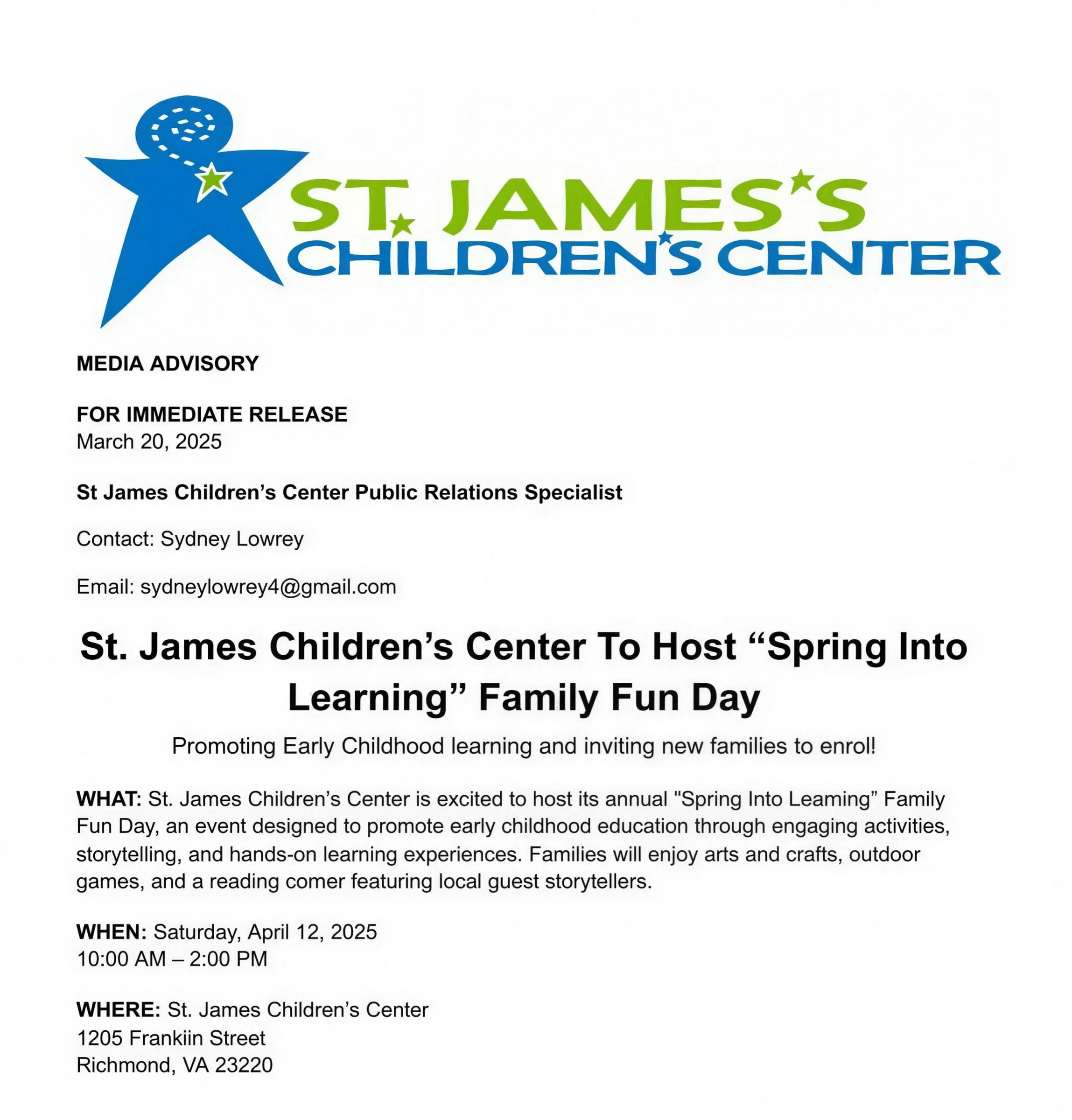 Media advisory for St. James Children's Center Spring Into Learning Family Fun Day