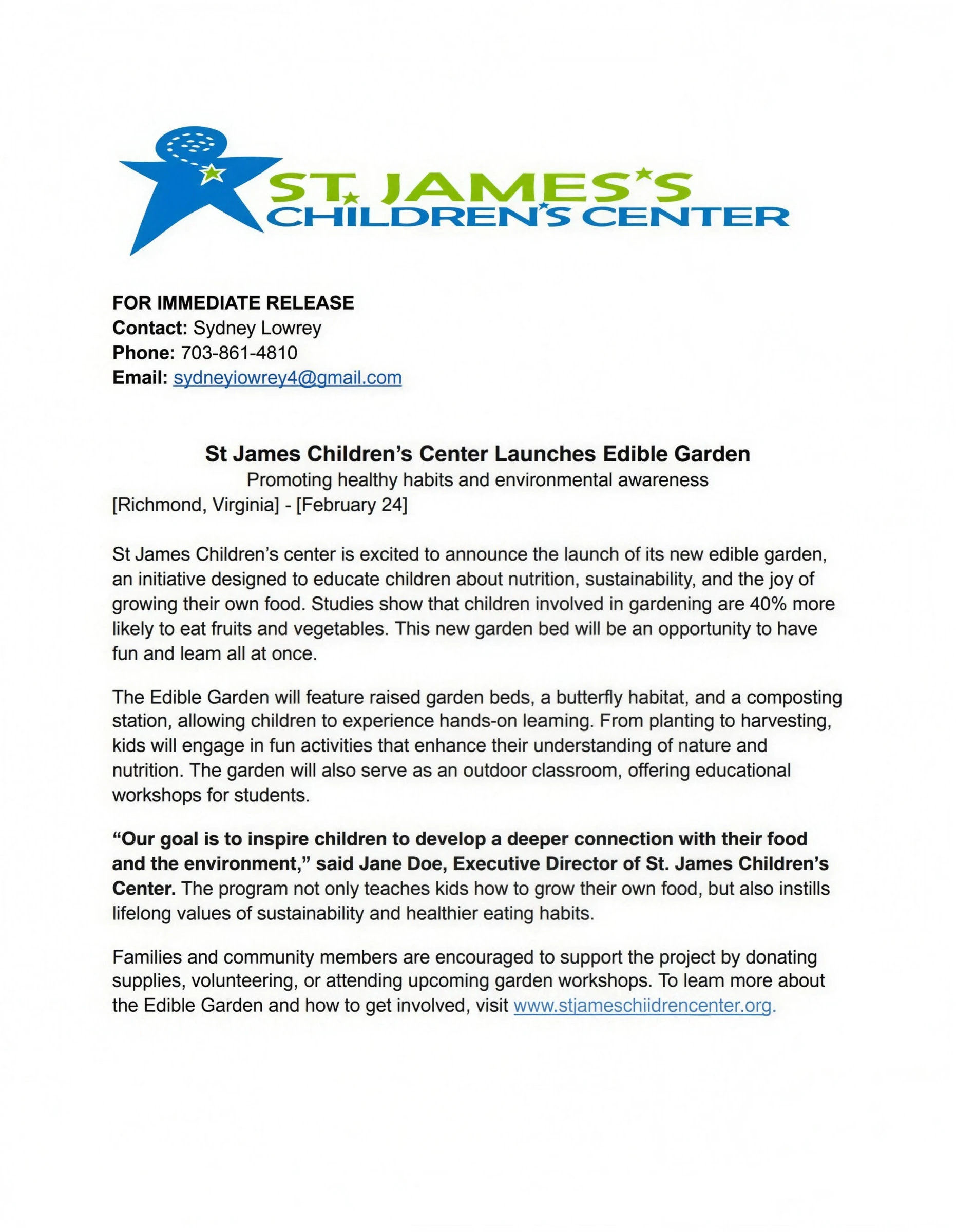 Press release announcing the St. James Children's Center Edible Garden
