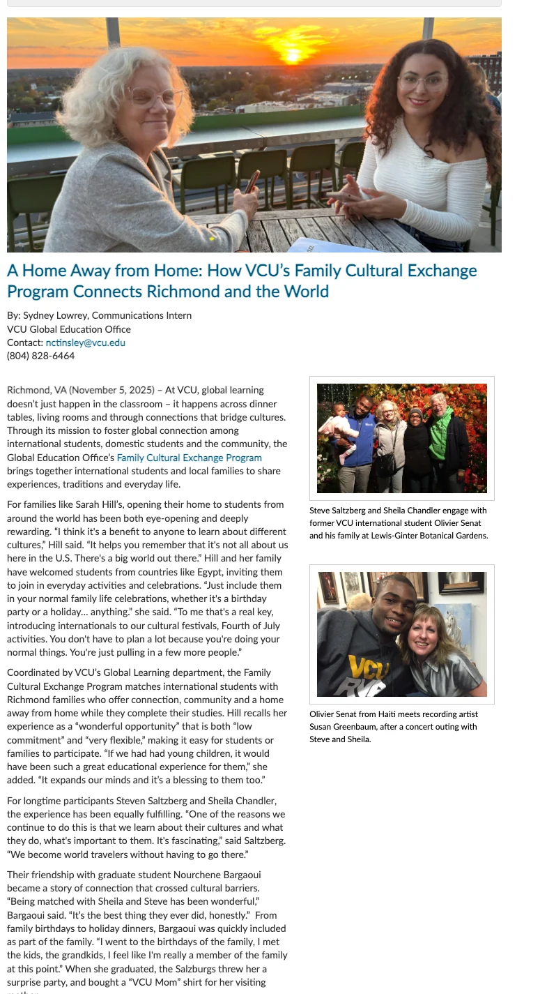 VCU news story by Sydney Lowrey about the Family Cultural Exchange Program