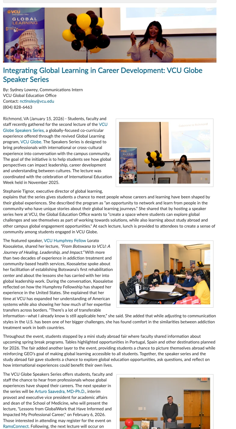 News story: Integrating global learning in career development, VCU Globe Speaker Series